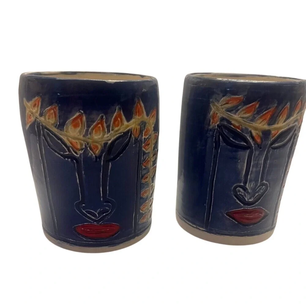 Pair of Hand Painted Wheel‎ Thrown Pottery Tiki Mugs Drinkware Cups